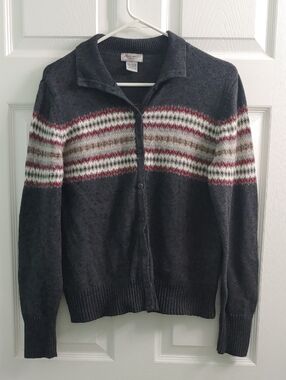 Vintage Eddie Bauer Fair Isle Cardigan Women's Soft Grey Sweater Size L